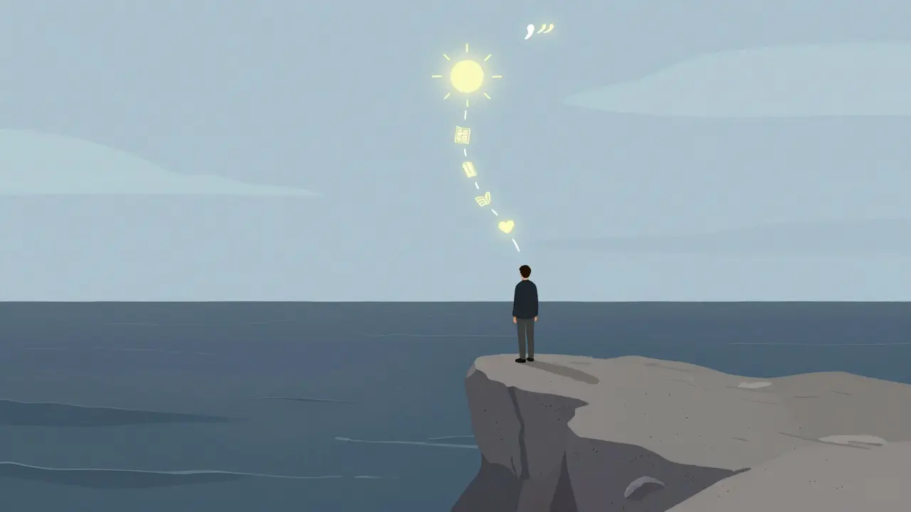Person on cliff with glowing DBT skill path leading upward to calm sky.