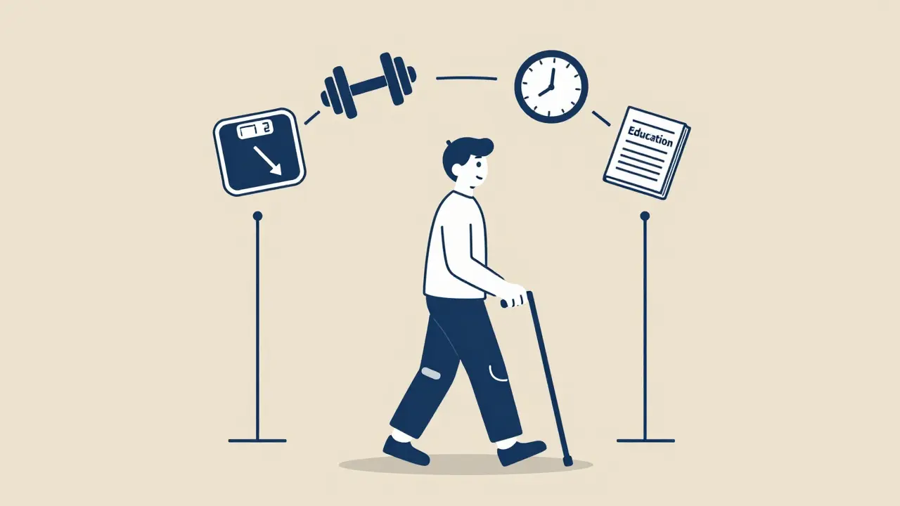 Person walking with cane surrounded by icons of weight loss, exercise, therapy, and education