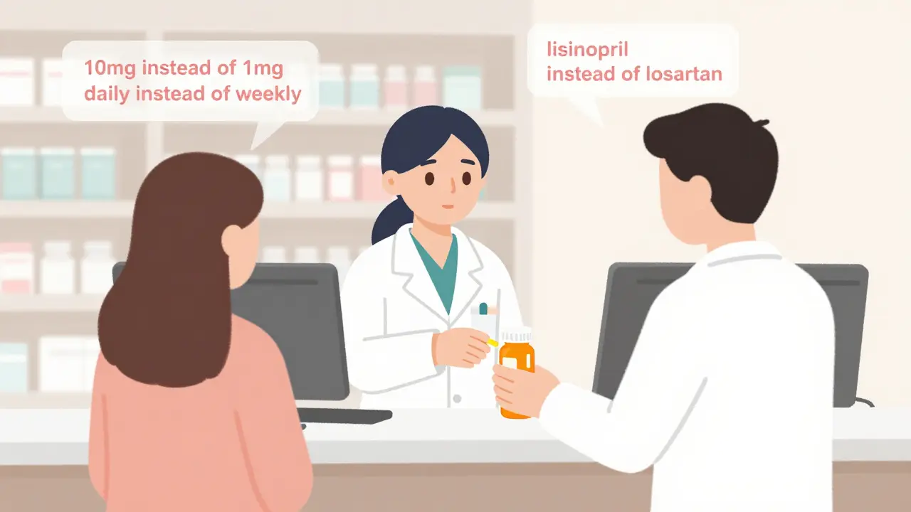 Pharmacist handing patient a bottle with hidden prescription errors floating nearby