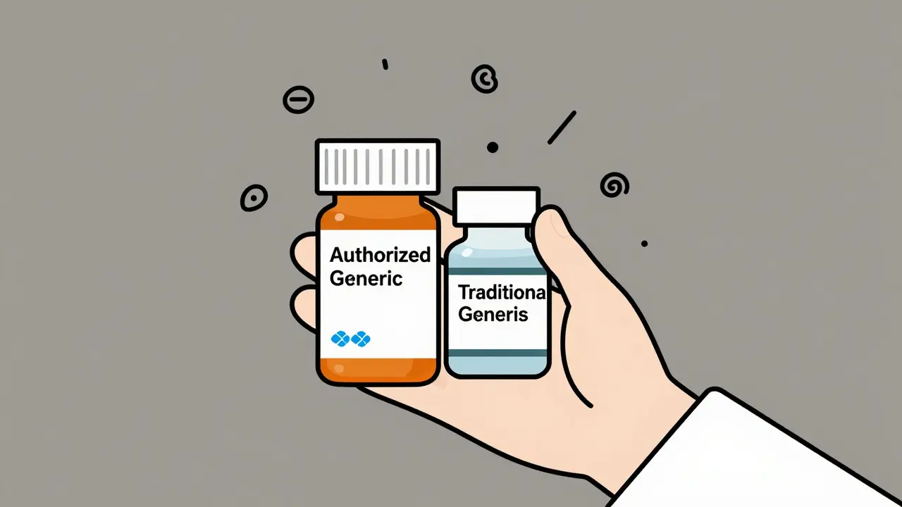 Pharmacist holding two generic labels, one with brand manufacturer, one with different maker.
