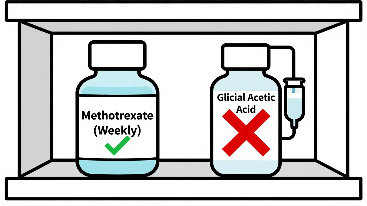 Pharmacy shelf showing safe weekly methotrexate label next to dangerous glacial acetic acid with red X.