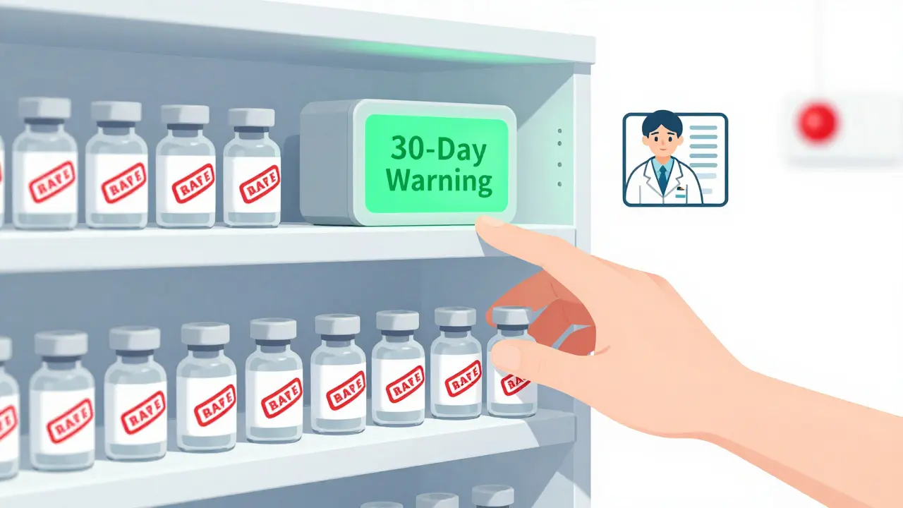 Pharmacy shelf with expired meds and automated expiration alert, hand rotating stock to prioritize newer vials.