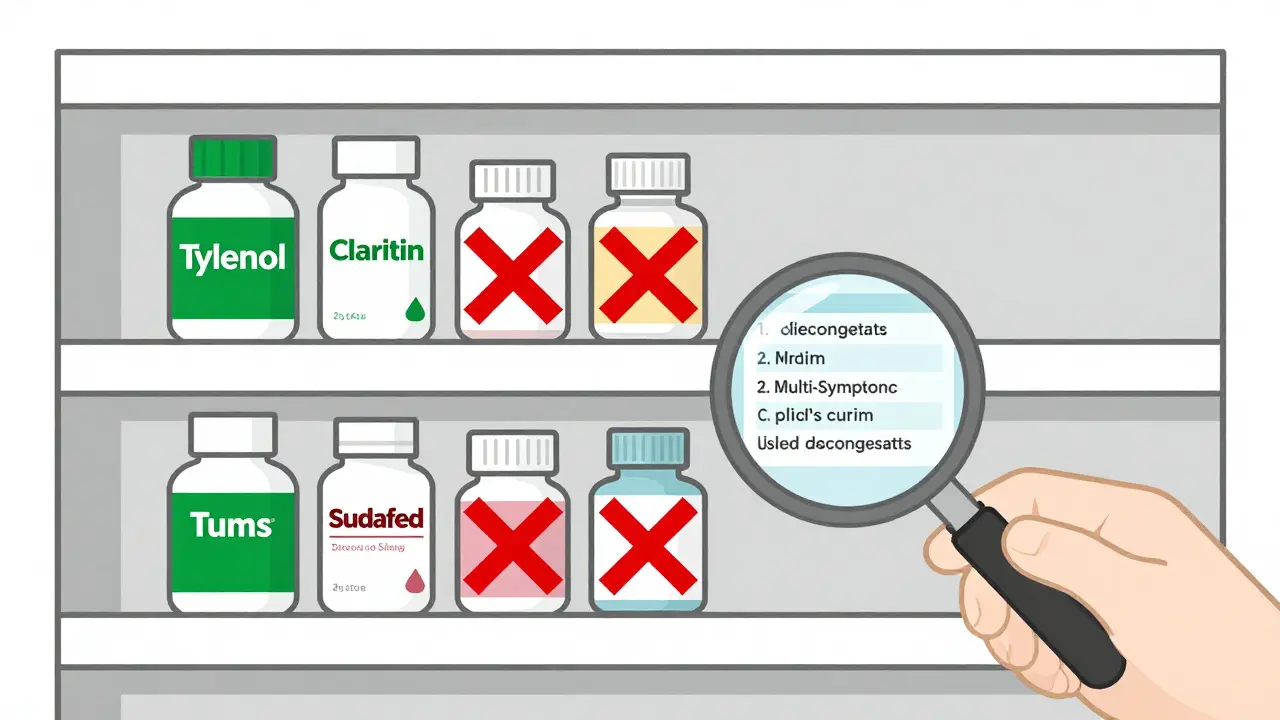 Pharmacy shelf with safe and unsafe pregnancy medications marked in minimalist design
