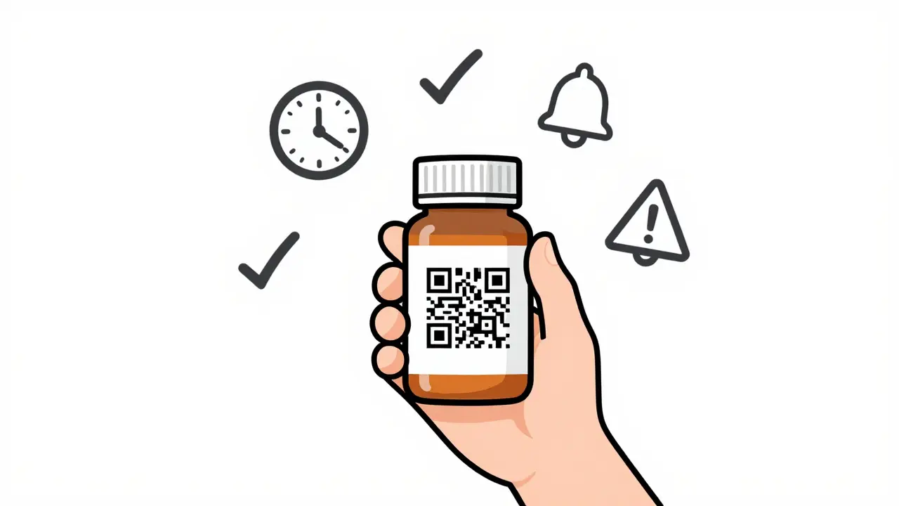 Pill bottle with QR code surrounded by icons for fast transfer, auto-refill, and one-time limit.