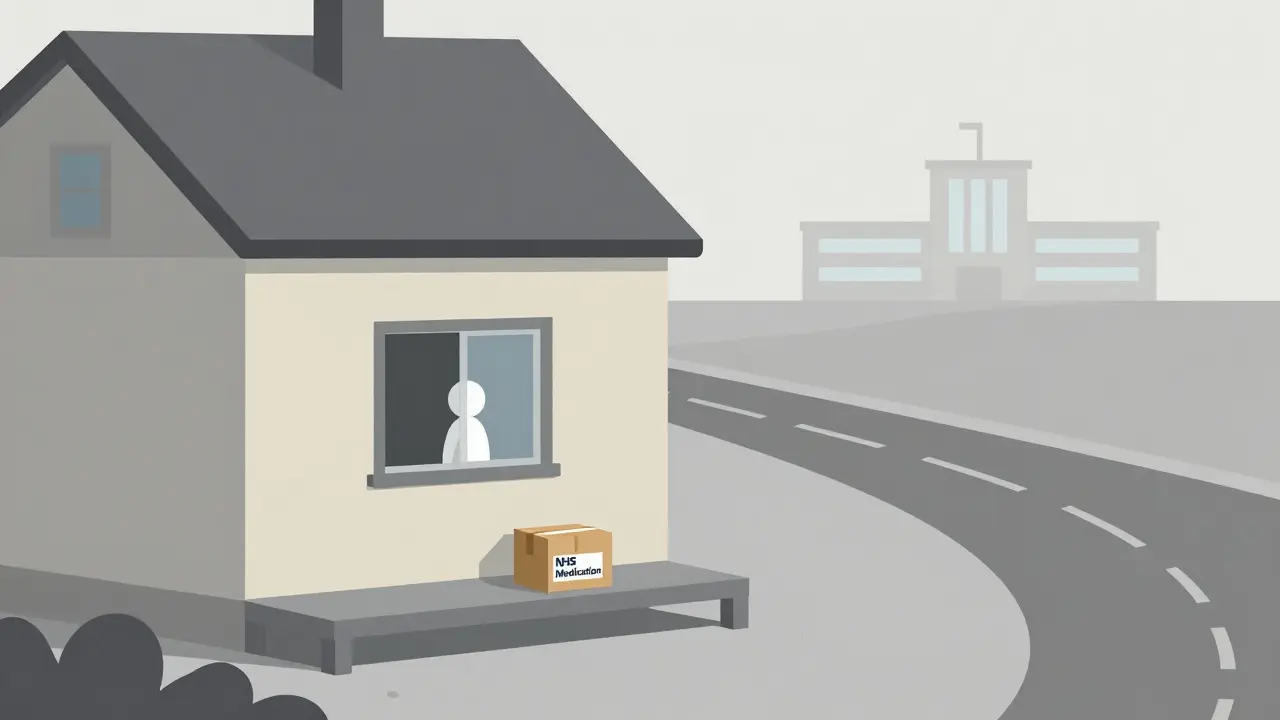 Rural home with NHS medication delivery box, distant hospital fading away
