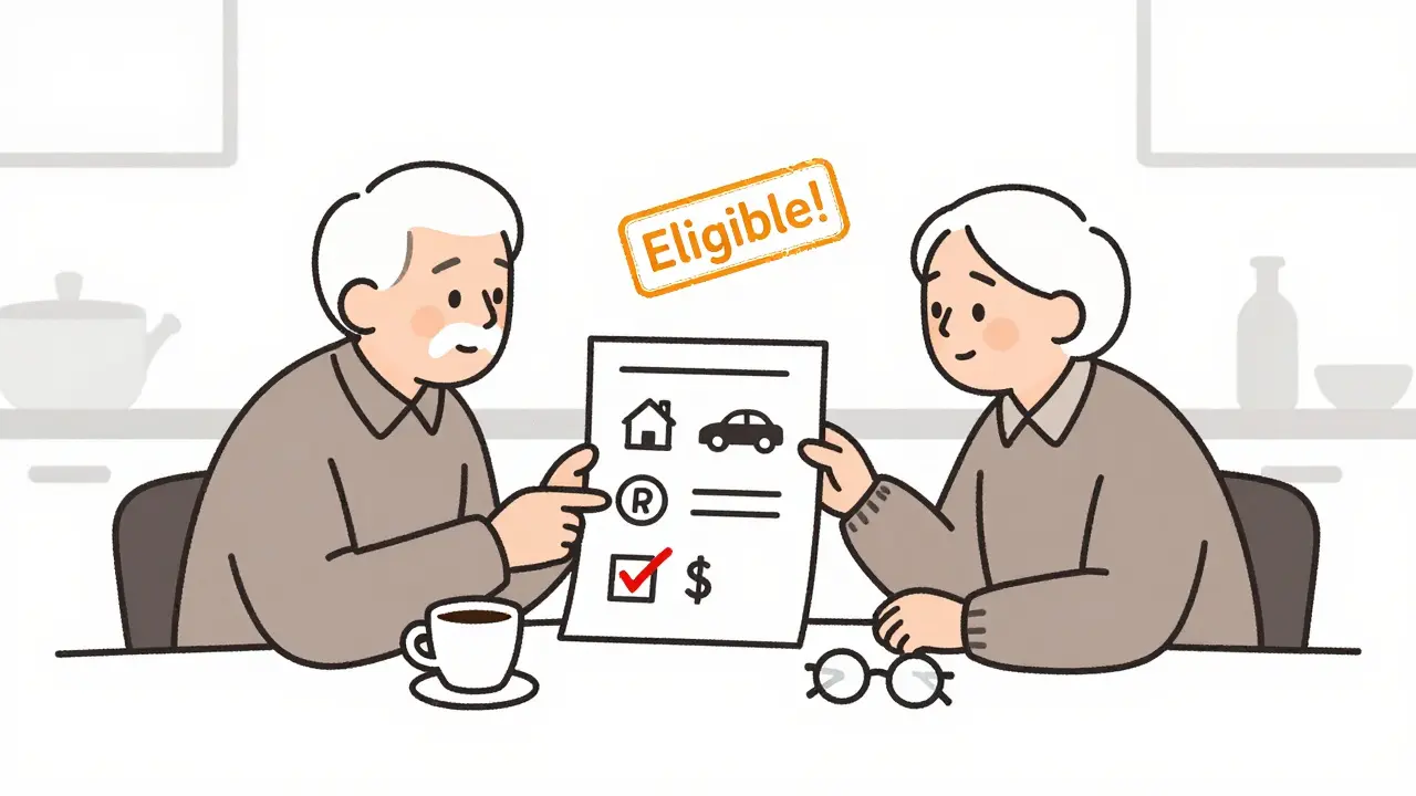 Senior couple at a kitchen table with icons showing income exclusions and an 'Eligible!' stamp.