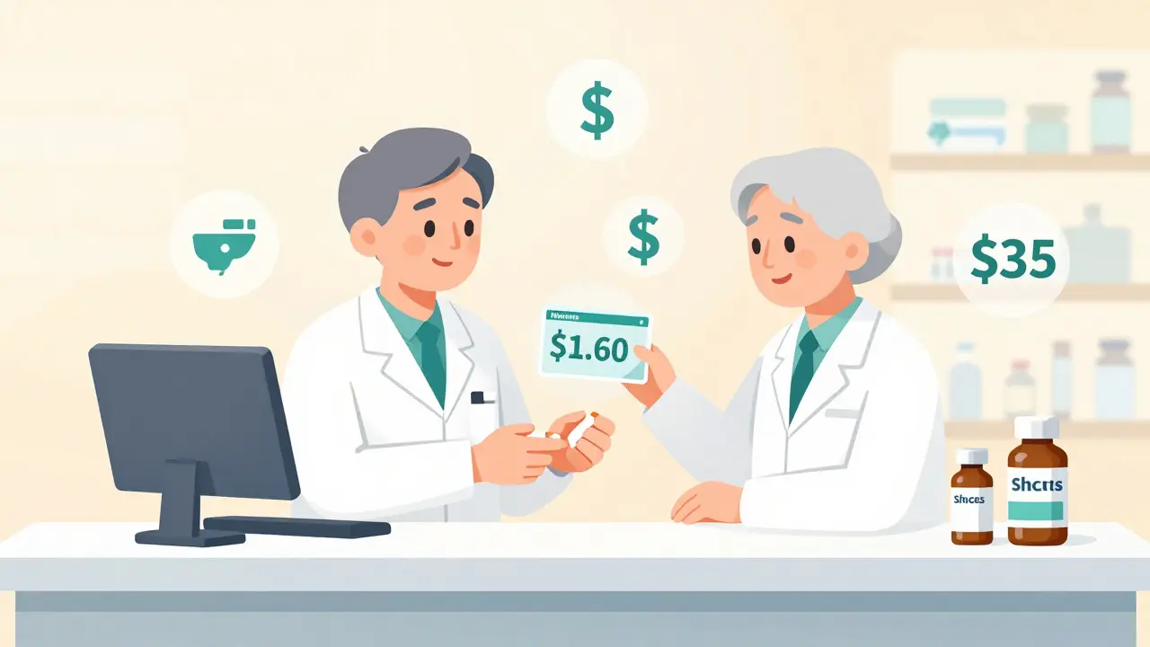 Senior receiving medication at pharmacy with dollar-saving icons floating around them.