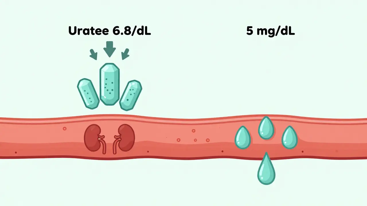Side-by-side blood vessels showing crystal growth above 6.8 mg/dL versus melting below 5 mg/dL.