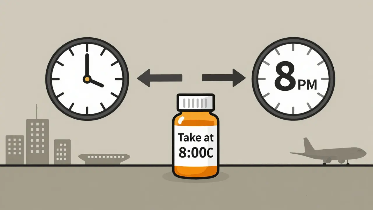 Split-screen time zone comparison with pill bottle centered at UTC 8:00.