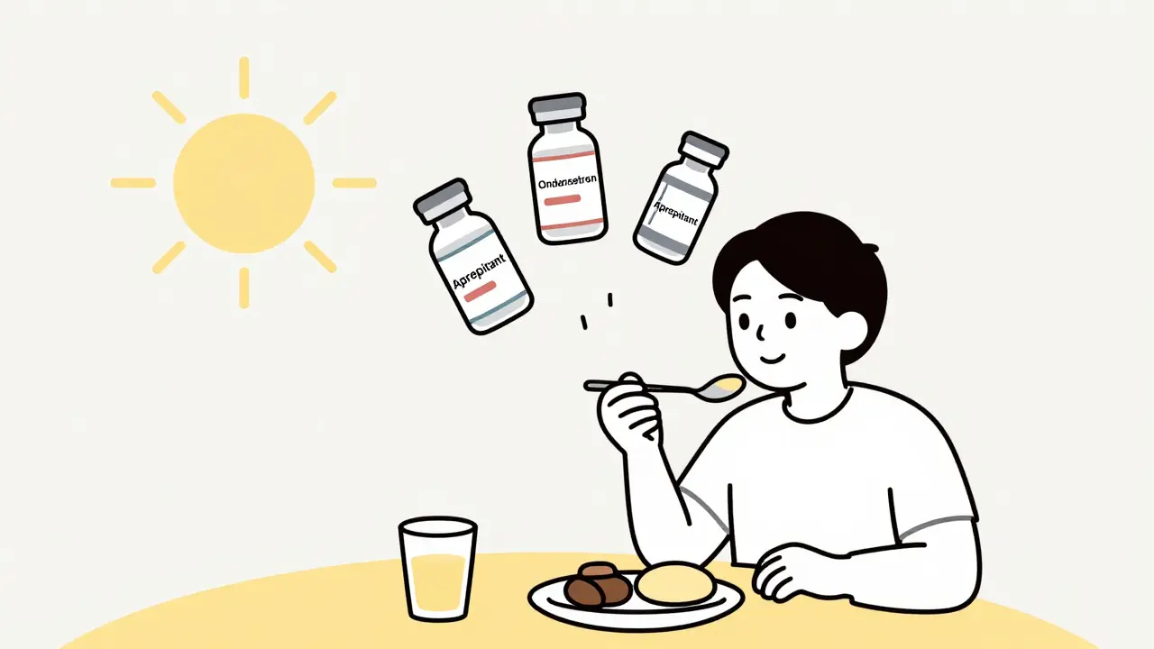 Three chemotherapy drugs floating above a patient eating breakfast at sunrise.