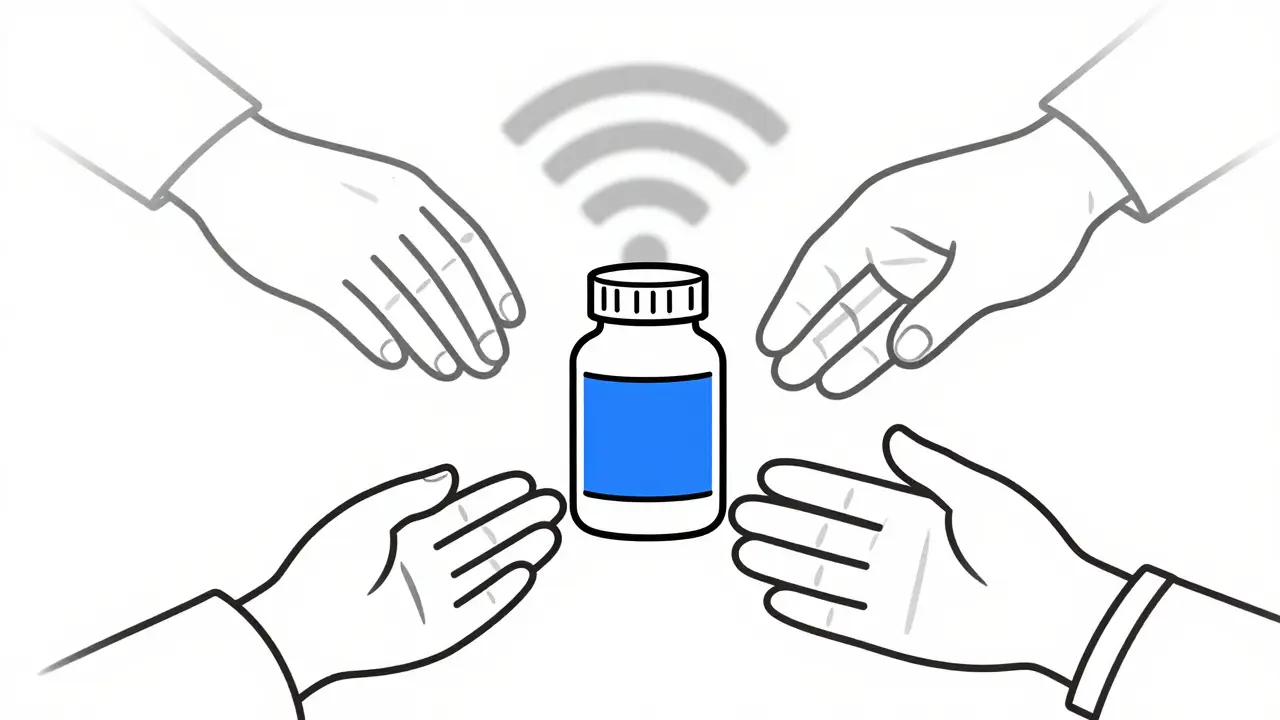Three hands reaching for a pill bottle, one hand blurred with fading Wi-Fi symbol