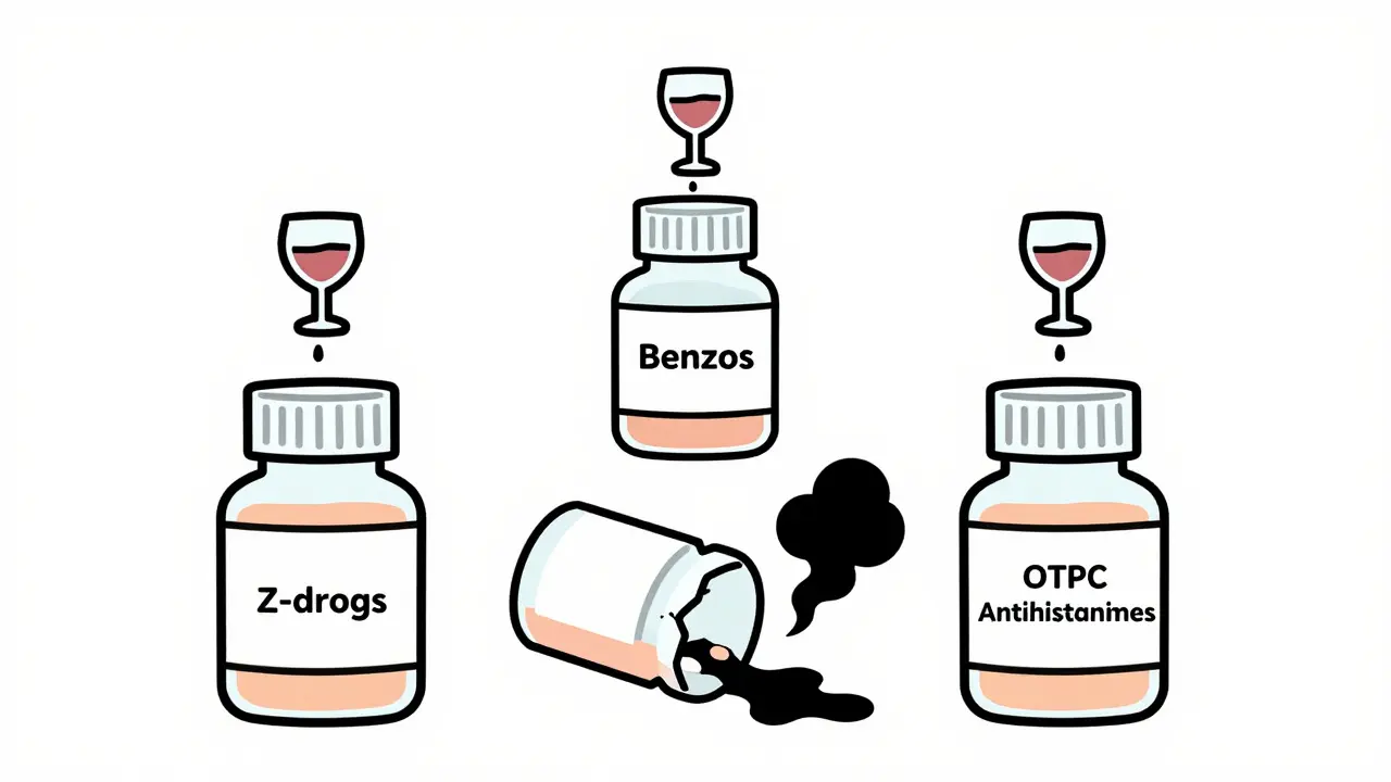 Three pill bottles with wine pouring in, one cracked and leaking smoke.