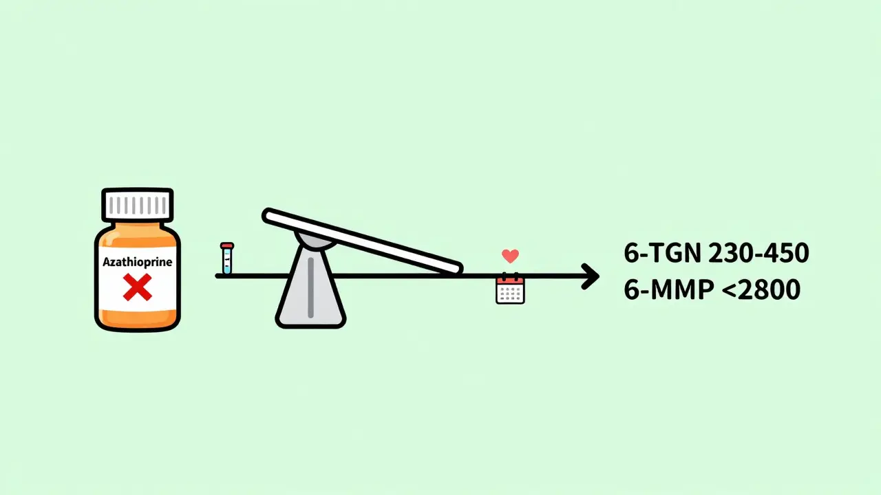 Timeline showing transition from high-dose azathioprine to safe LDAA therapy with normalized metabolite levels.