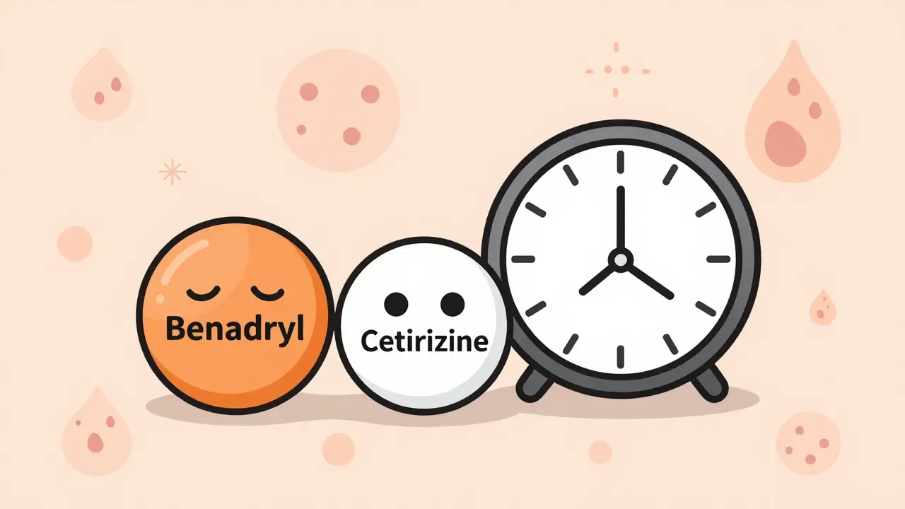 Two antihistamine pills compared: one sleepy, one alert, with fading allergy symbols.