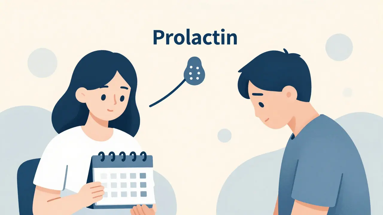 Two figures connected by rising prolactin levels, shown with geometric symbols and calm colors.