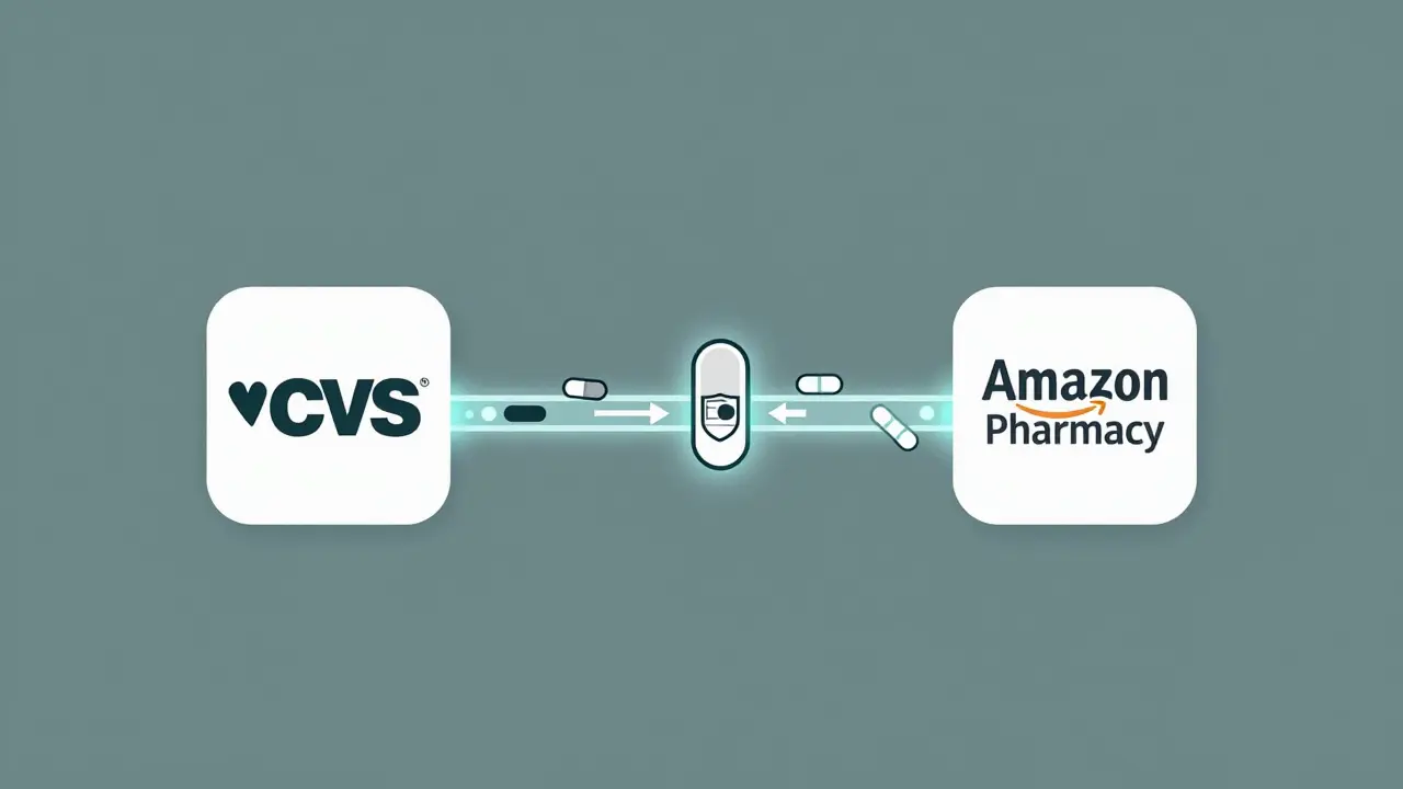 Two pharmacies connected by digital pipeline; controlled substance has single transfer path.