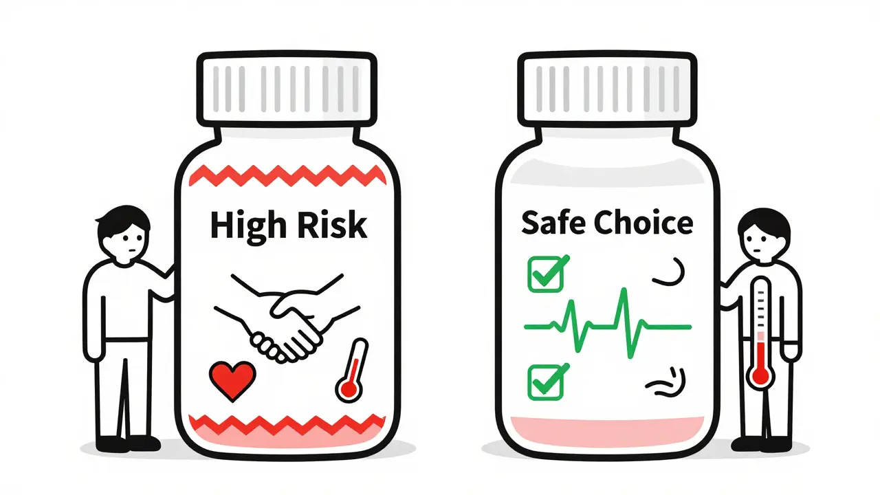 Two pill bottles side by side: one high-risk with warning symbols, one safe with checkmarks.