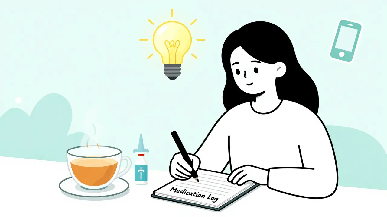 Woman logging medications with ginger tea and saline spray in calm minimalist scene