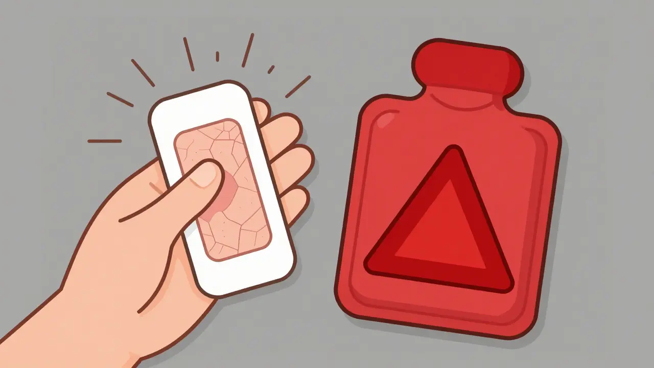 A pain patch on skin next to a heating pad with a warning symbol and chemical burn pattern, highlighting danger of heat use.