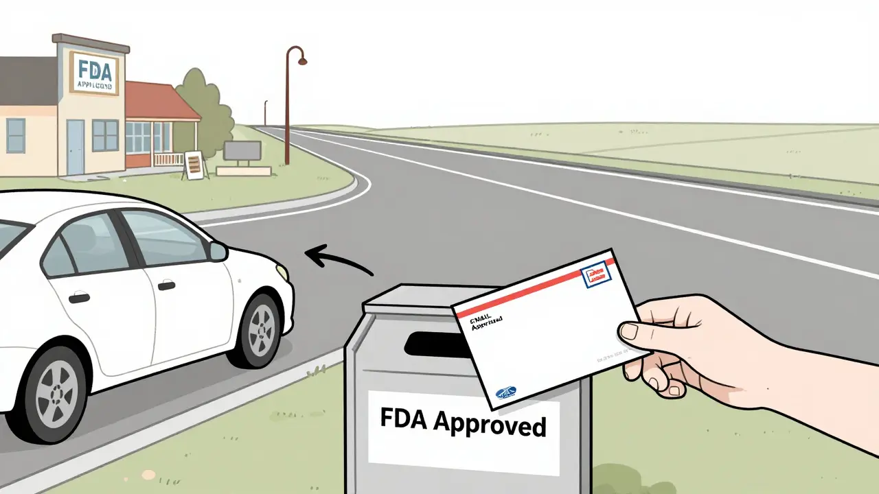 A person dropping a mail-back envelope into an FDA-approved disposal box at a rural pharmacy.