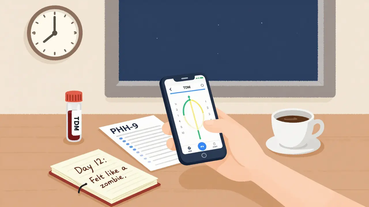 A person tracking mood and side effects at home with a phone, printed form, and blood test vial on a kitchen table.