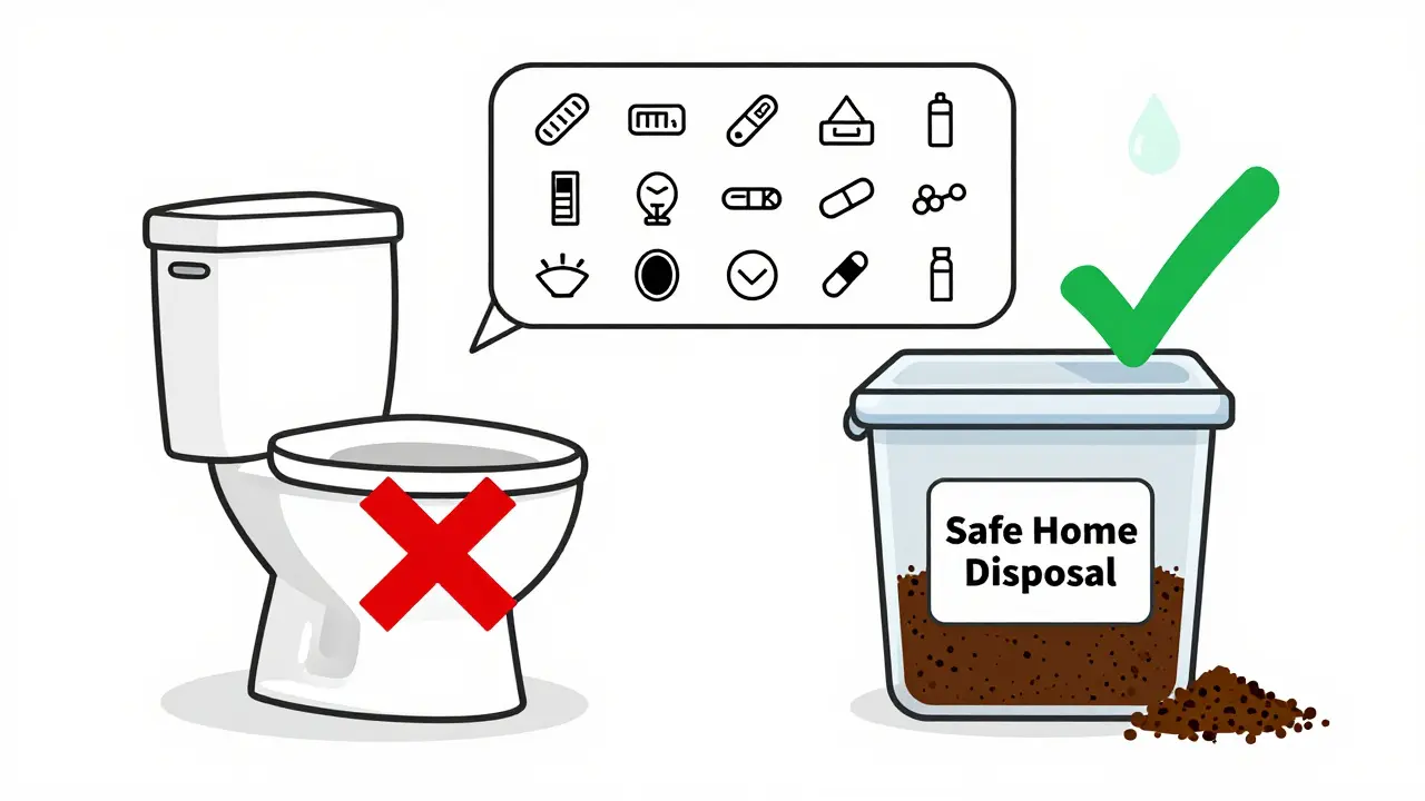 A split illustration comparing unsafe flushing to safe home disposal with absorbent materials.