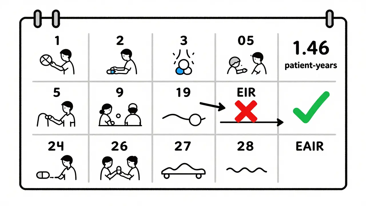 Calendar with patient treatment gaps, illustrating accurate patient-year calculation