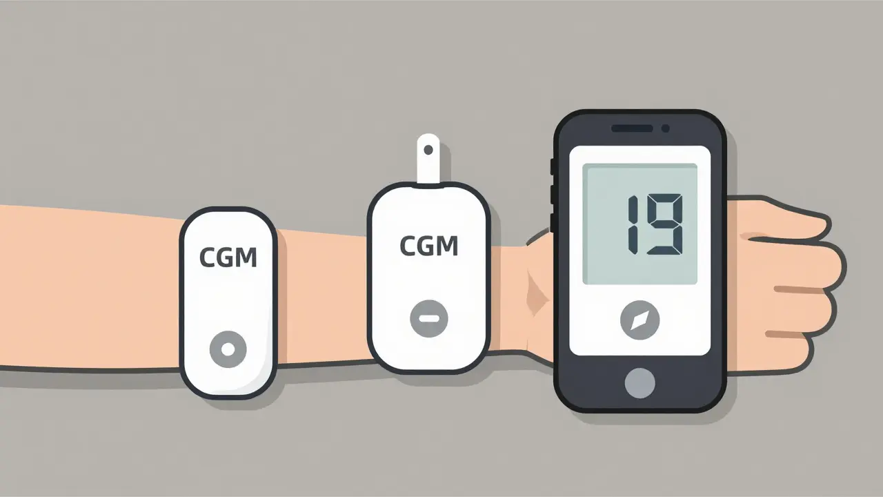 CGM system components: sensor on arm, transmitter, smartphone with data display