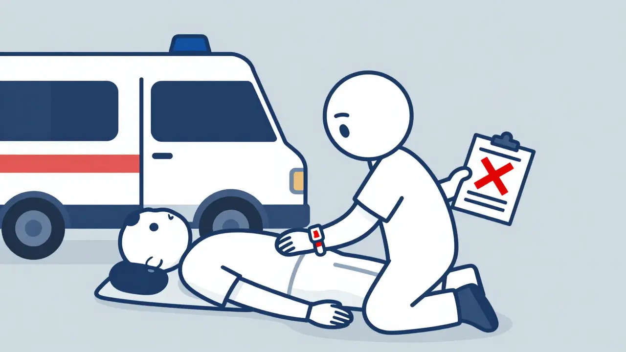 EMT reading a medical alert bracelet on an unconscious patient's wrist.