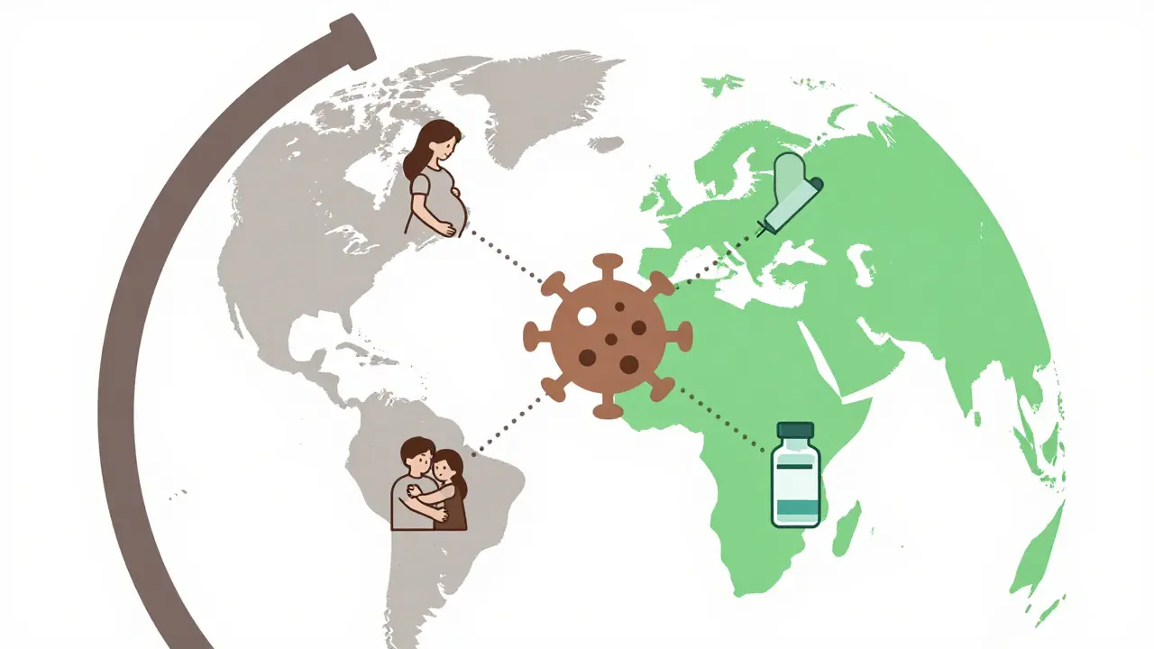 Globe showing treatment access disparity with icons for prevention and transmission.