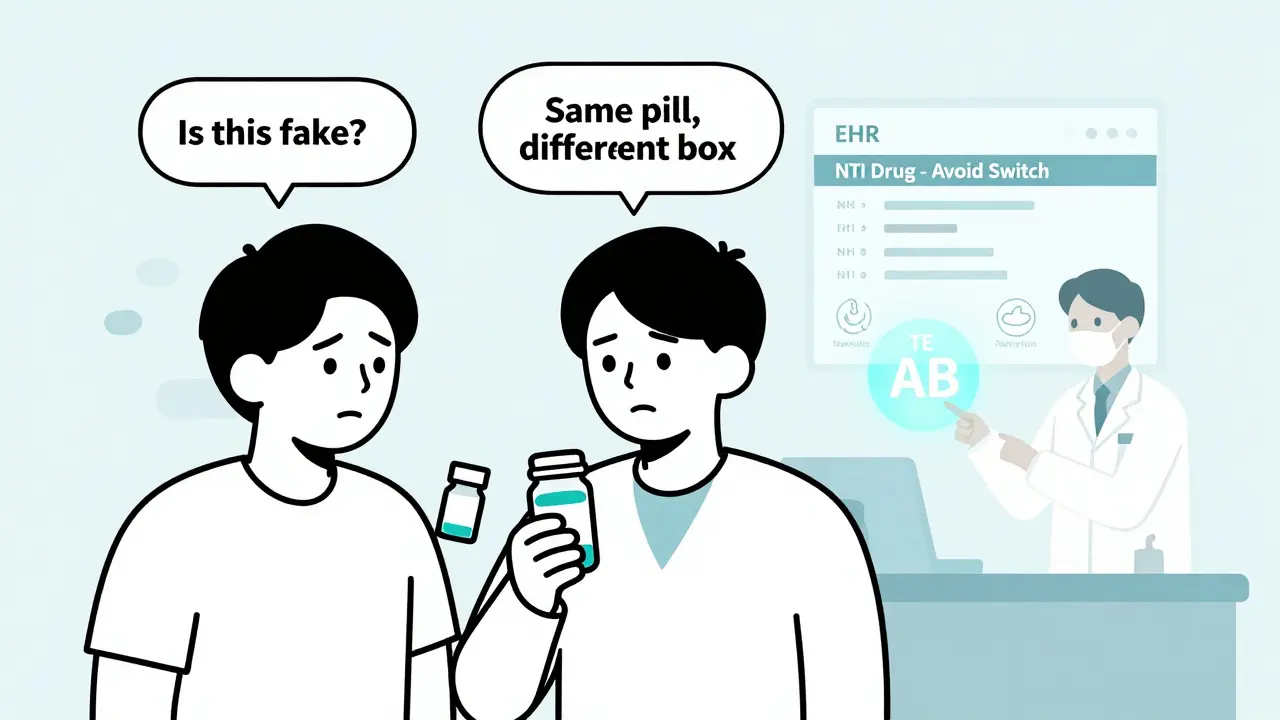 Patient confused about generic medication while EHR shows NTI warning and therapeutic equivalence code.