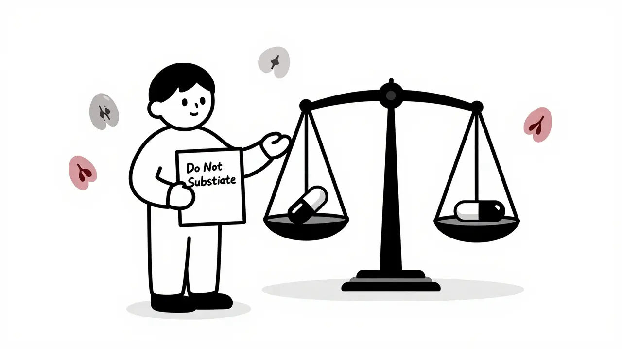 Patient holding prescription with 'Do Not Substitute' as scale balances drug types