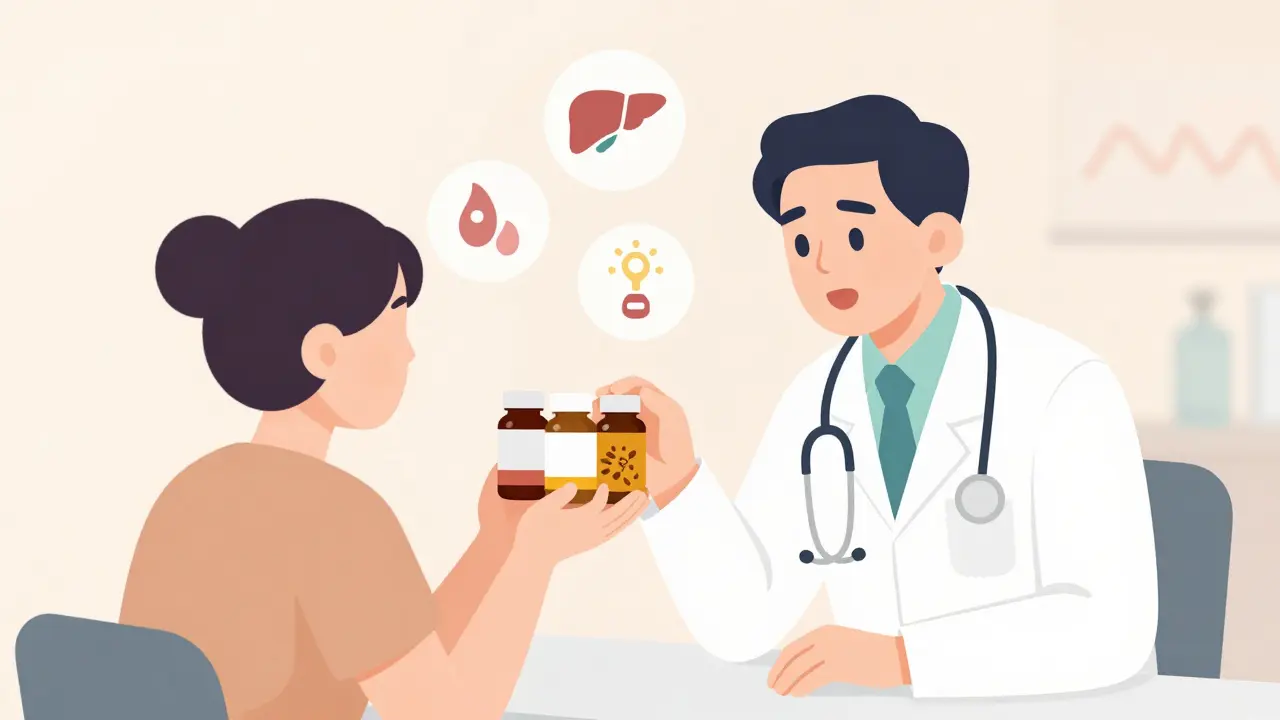 Patient shows supplement bottles to doctor while medical interaction icons float nearby.