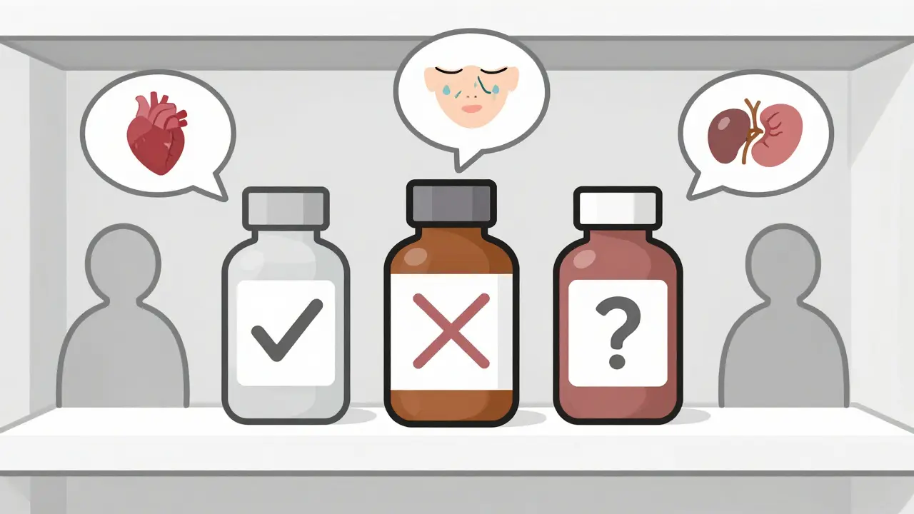 Pharmacy shelf showing approved, illegal, and unlabeled pain patches with icons representing heart, skin, and kidney risks.