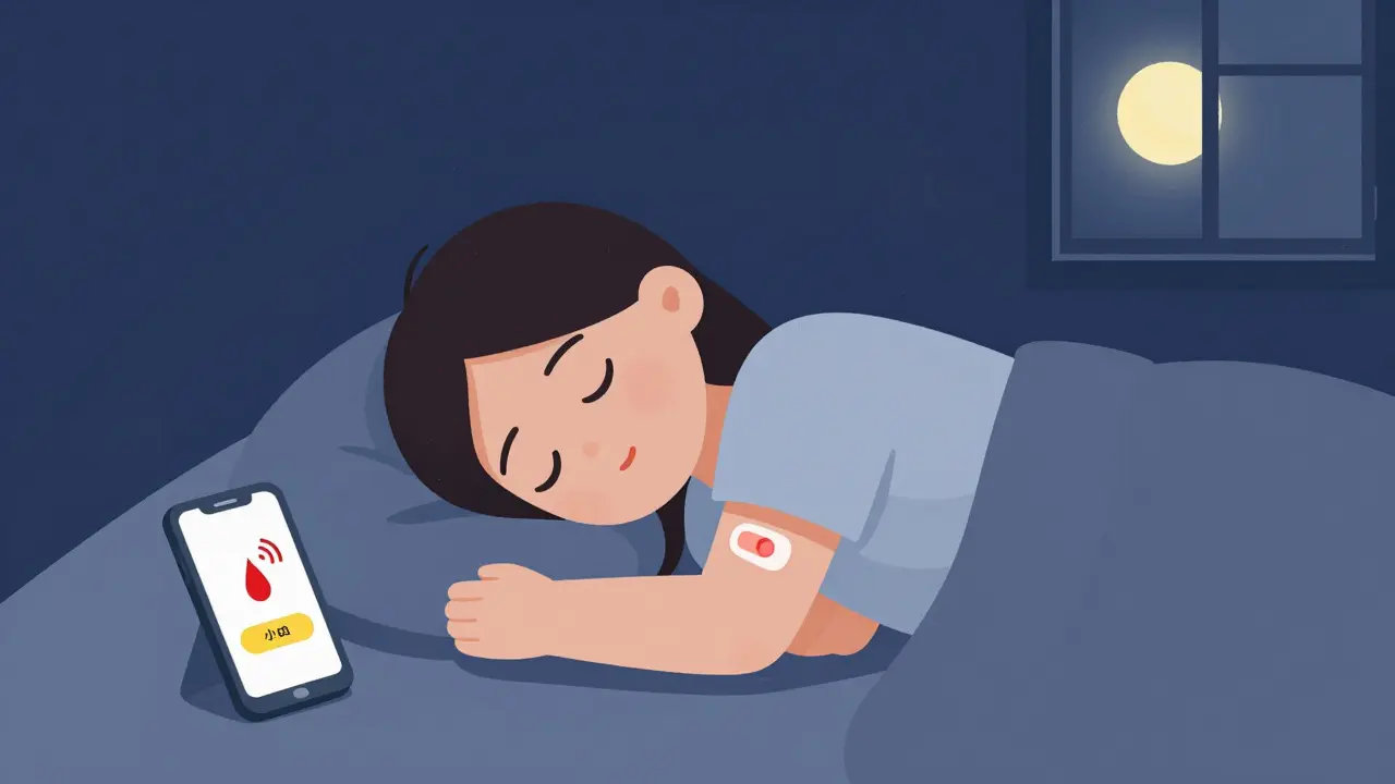 Sleeping person with CGM sensor alerting low blood sugar at night