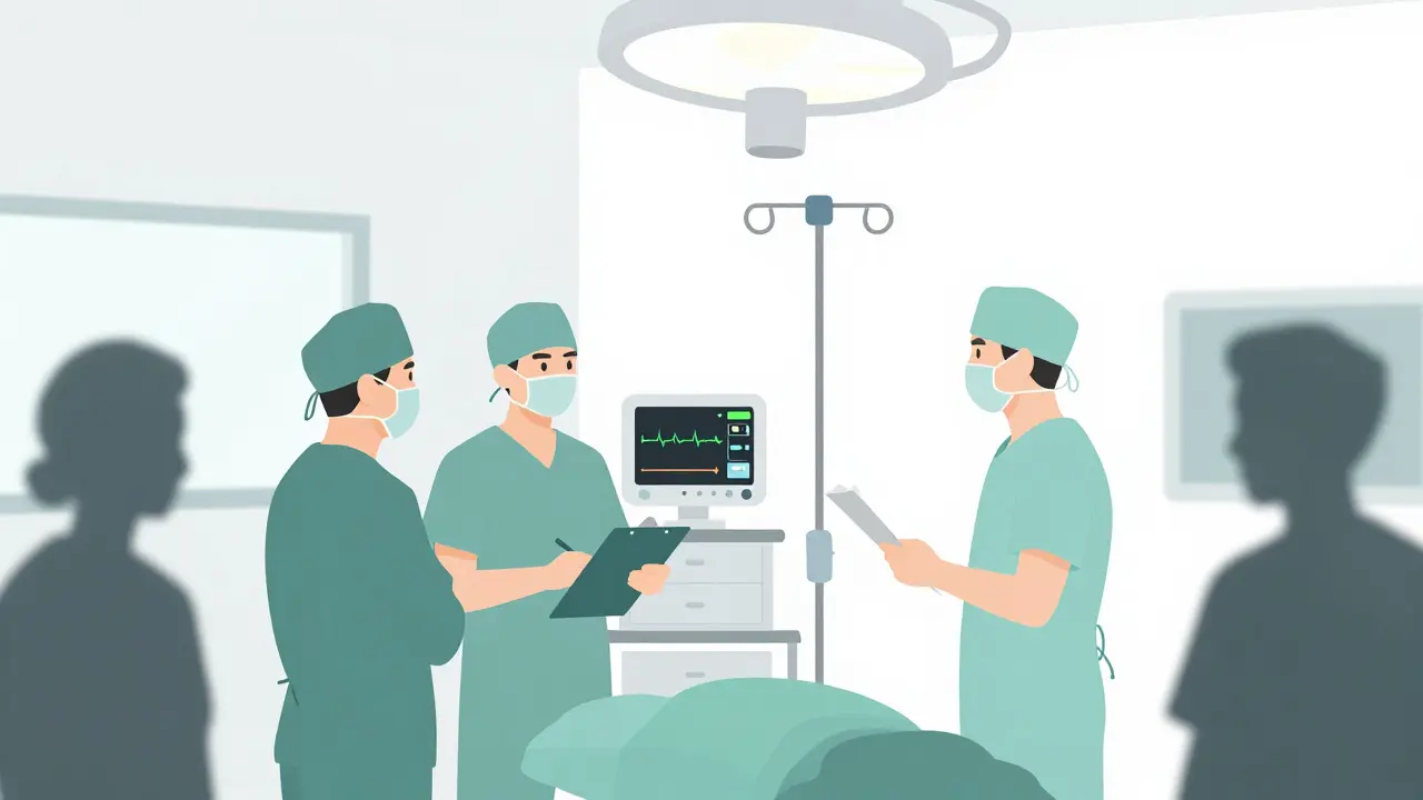 Surgeons pause in an operating room as an IV pole displays an 'OUT OF STOCK' alert.