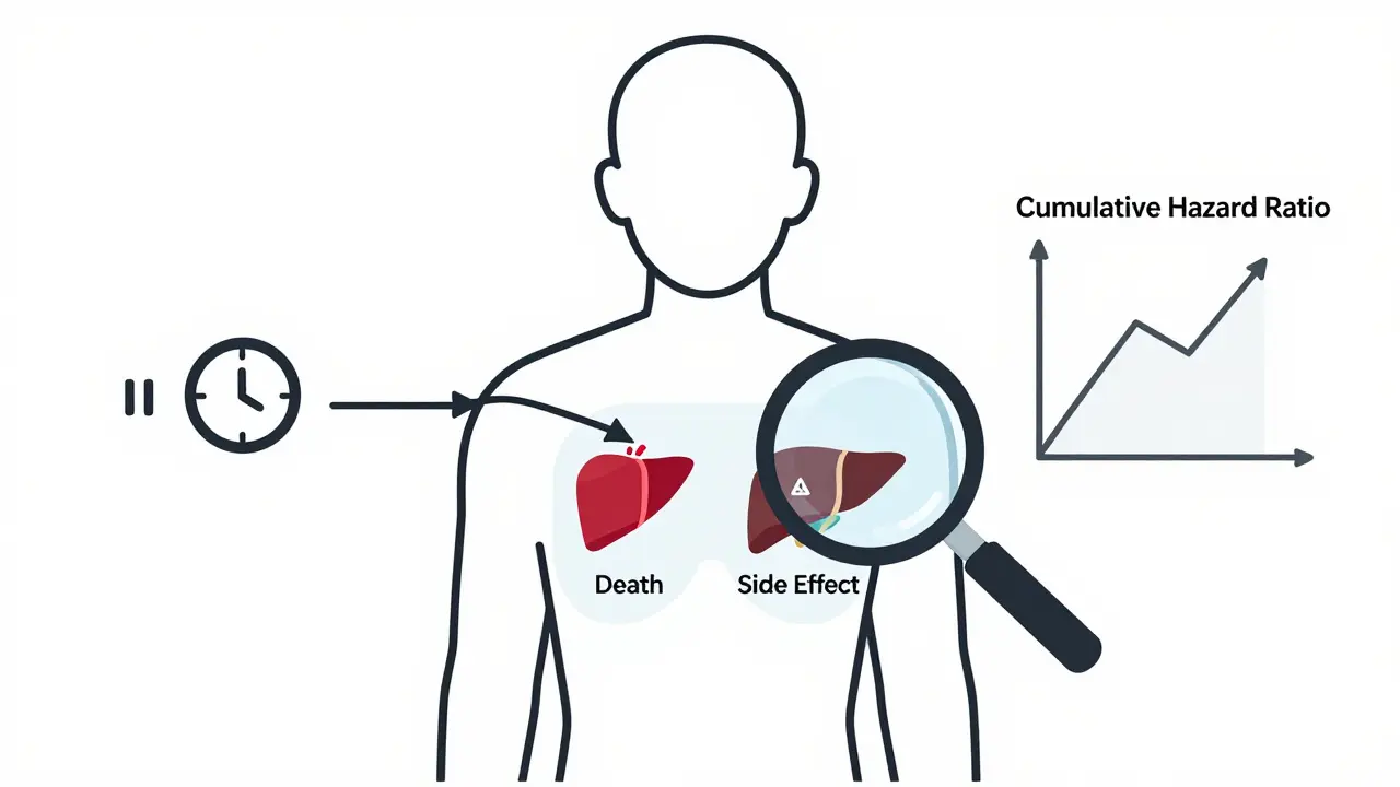 Transparent human body showing competing risks of death and side effects in clinical trials