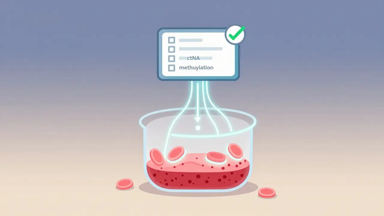 A blood sample with multiple DNA signals converging into a diagnostic checkmark for multi-analyte cancer detection.
