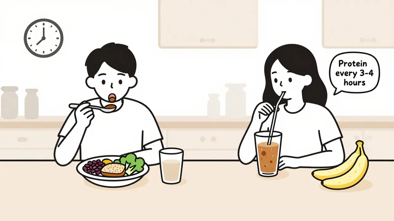 A kitchen counter with healthy meals and a smoothie, showing strategies to manage appetite changes.