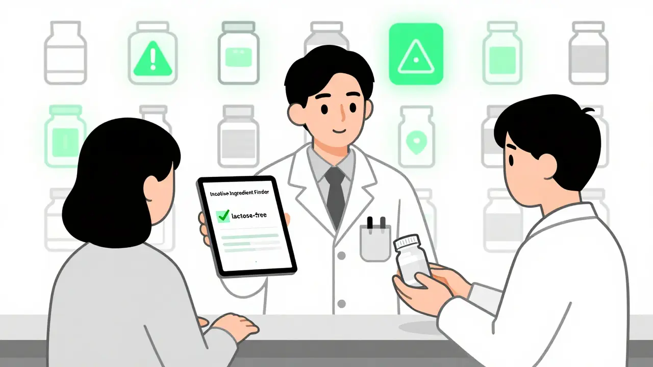 A pharmacist handing a pill bottle while a digital app shows 'lactose-free' confirmation.
