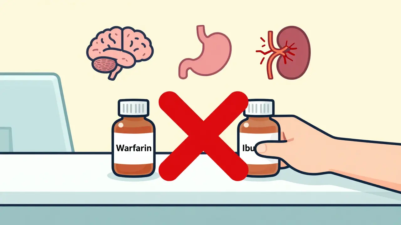 A pharmacy counter with warfarin and ibuprofen bottles, overlaid by a giant red X, with bleeding risk icons above.