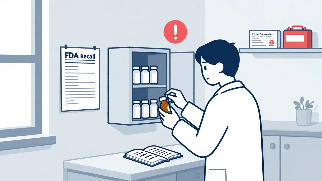 Caregiver checking medicine bottles against a printed FDA recall list at home, with emergency kits visible.