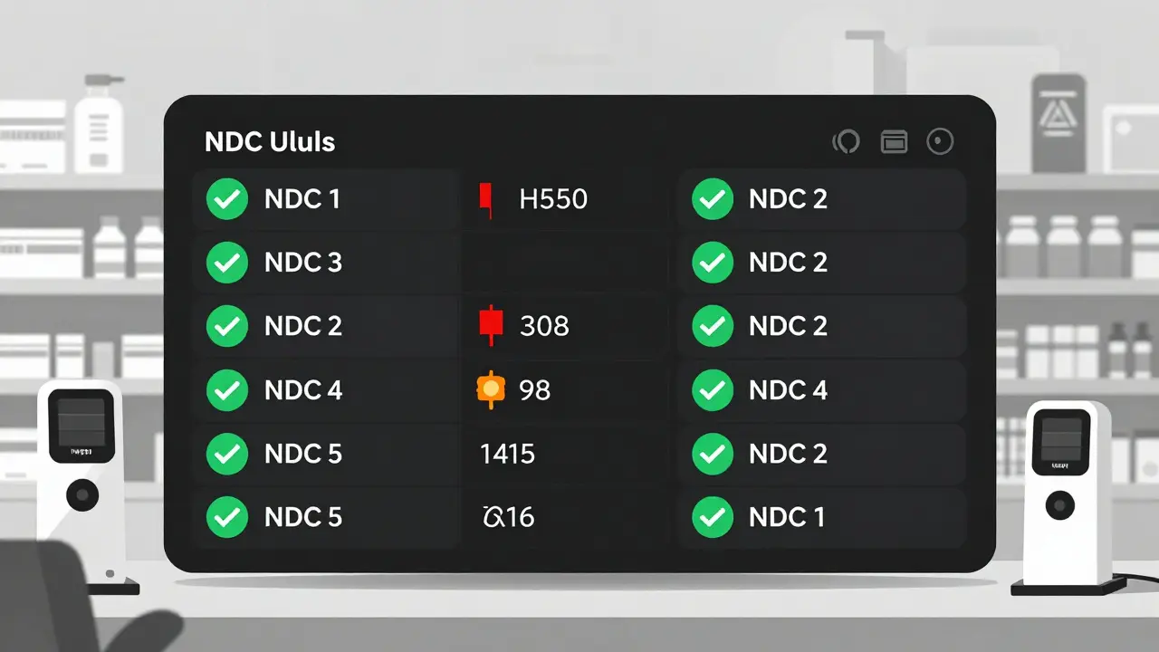 Digital pharmacy system highlighting a single recalled drug lot among correctly matched medications.