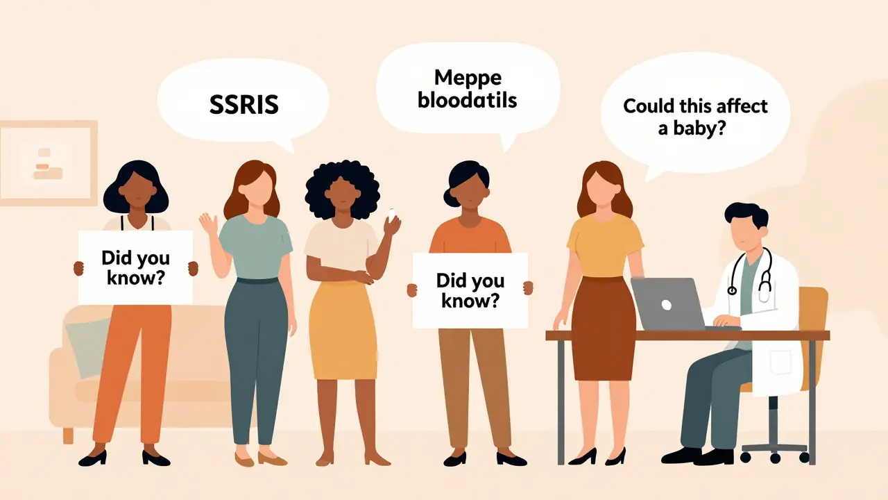 Diverse women learning about medication risks during preconception counseling.