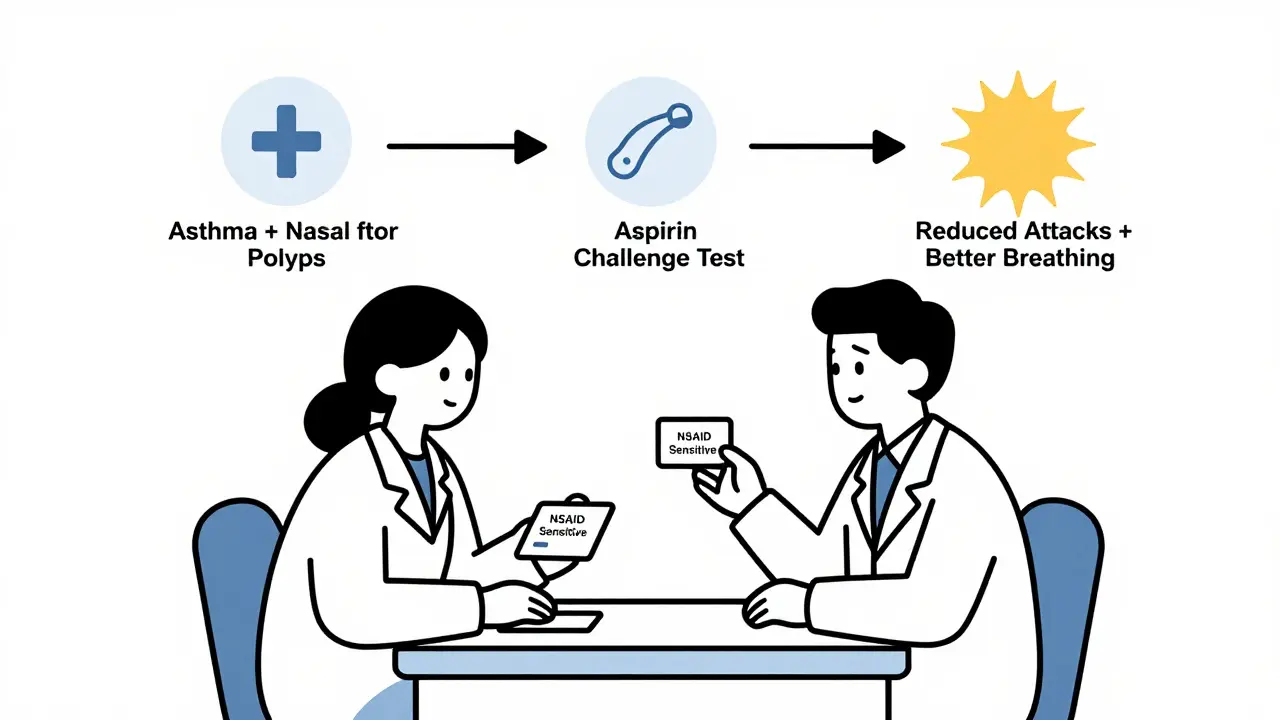 Doctor and patient discussing aspirin desensitization as a treatment path for NSAID-sensitive asthma.