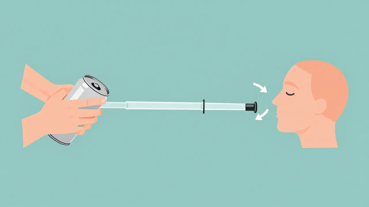 Hands shaking an inhaler with a spacer tube attached in flat design