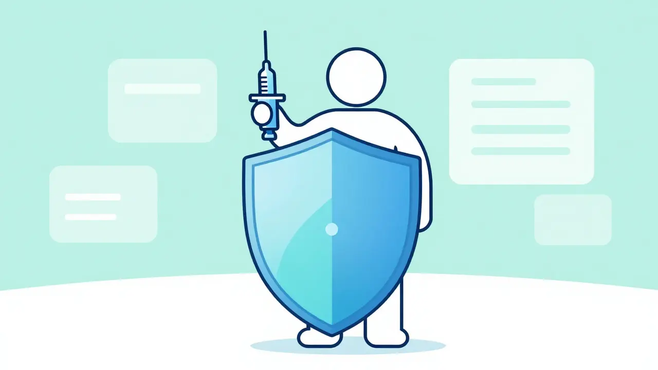 Minimalist illustration of a figure holding a shield protecting a medical pen