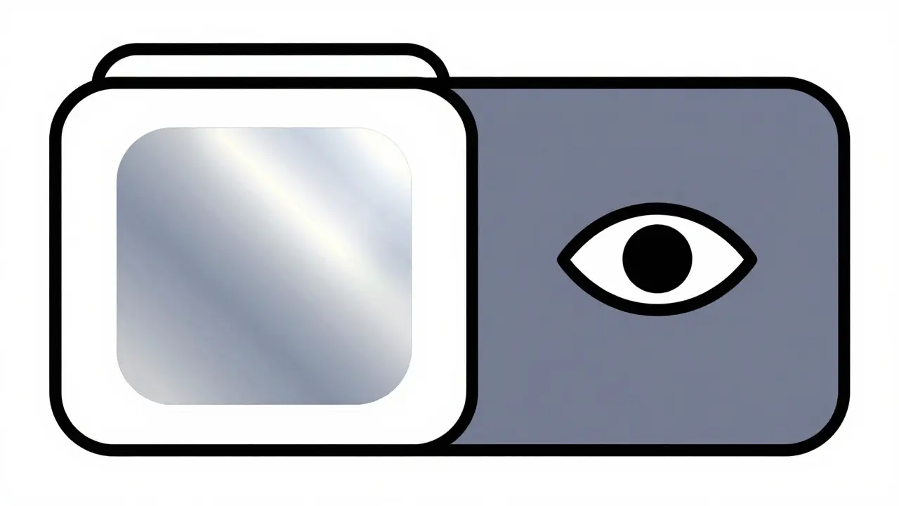 Minimalist illustration of a medicine box corner with hologram stickers being inspected