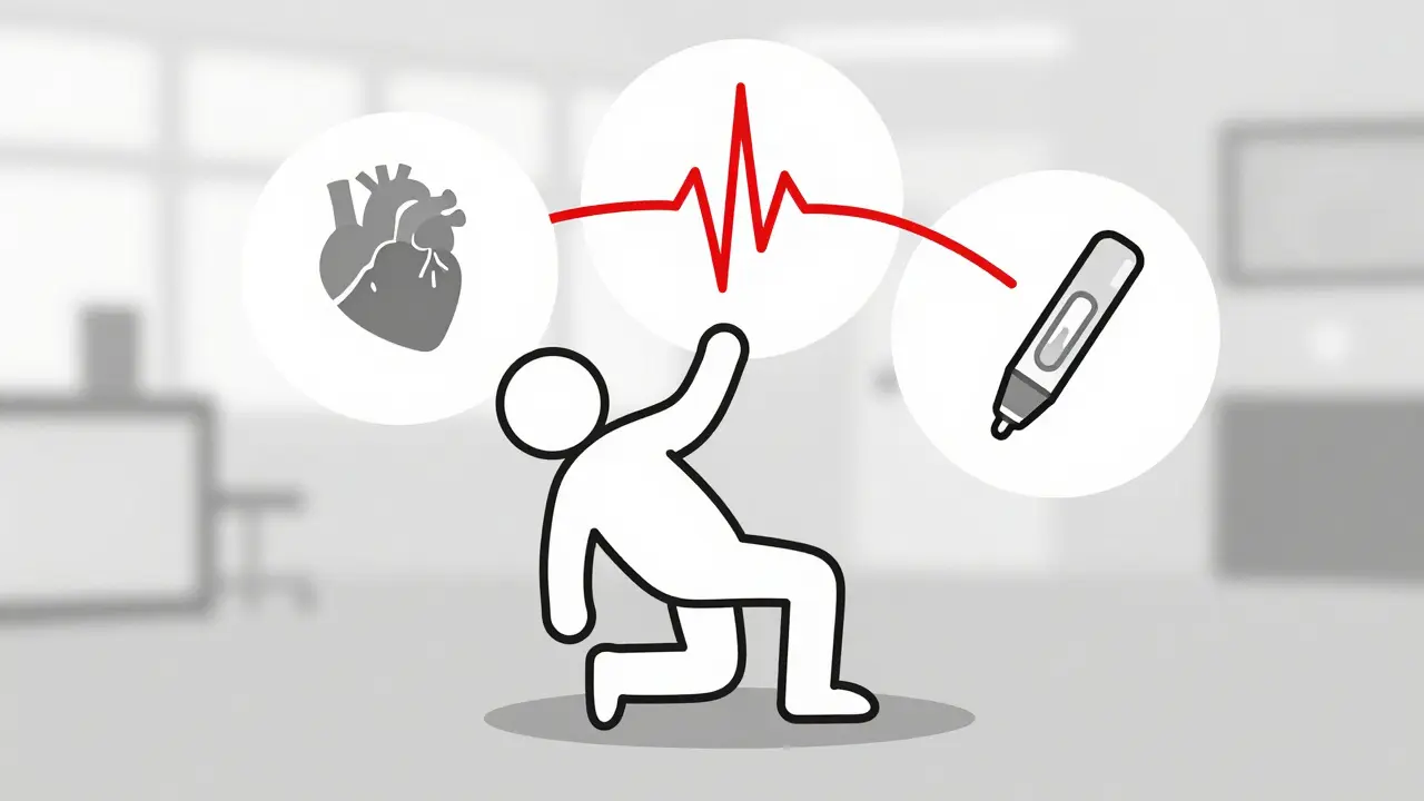 Person collapsing with icons showing anaphylaxis symptoms like blocked airway and heart.