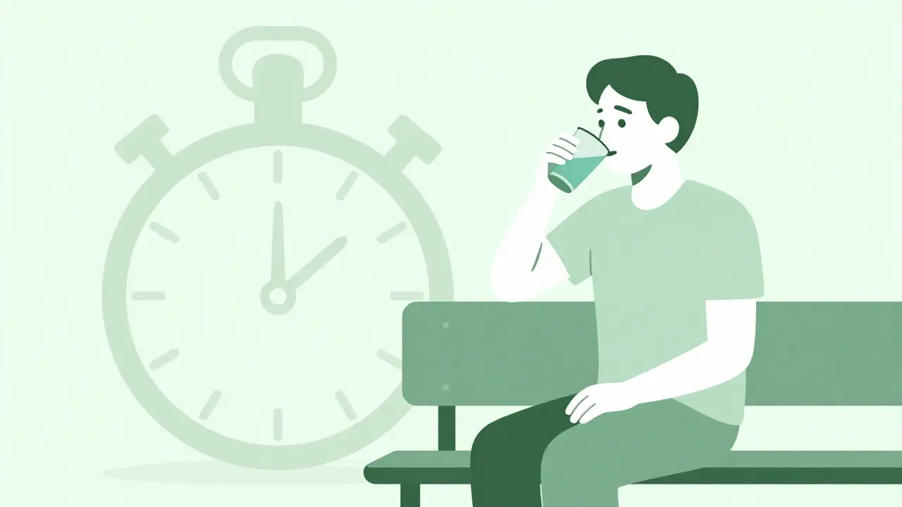 Person drinking water after inhaler use with stopwatch icon for breath hold